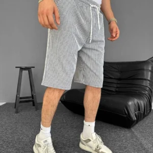 Su Yolu Çizgili Ön Arka Cepli Şort Yazlık Nefes Alabilir - Gri