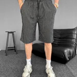 Su Yolu Çizgili Ön Arka Cepli Şort Yazlık Nefes Alabilir - Siyah