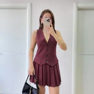 Keten Takım Görünümlü Düğme Detaylı Yelekli Mini Elbise - Bordo