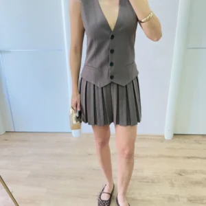 Keten Takım Görünümlü Düğme Detaylı Yelekli Mini Elbise - Füme