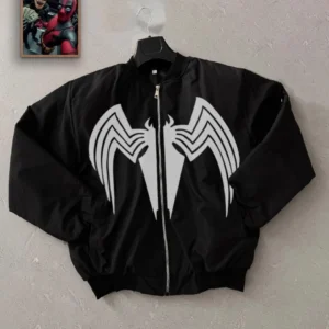 Venom Örümcek Desenli Erkek Mont – Siyah Bomber Ceket, Fermuarlı, Kol Fermuarlı Cep Detaylı, Günlük ve Sokak Modası İçin Uygun - Siyah