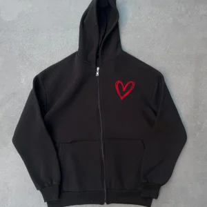 Alternative view of Üç İplik Baskılı Fermuarlı Kapüşonlu Hırka - Siyah