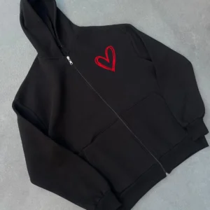 Üç İplik Baskılı Fermuarlı Kapüşonlu Hırka - Siyah