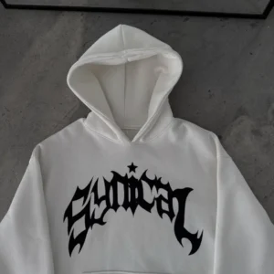 Kışlık Kapüşonlu Baskılı Oversize SweatShirt- Beyaz