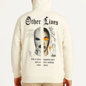 Alternative view of Erkek Kapşonlu Sweatshirt – Oversize Üç İplik Şardonlu Hoodie, “Other Lives” Ön & Arka Baskılı, Kanguru Cepli, Kışlık Rahat Günlük Stil - Beyaz