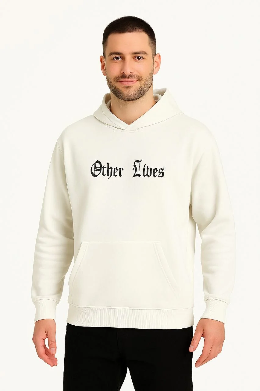 Erkek Kapşonlu Sweatshirt – Oversize Üç İplik Şardonlu Hoodie, “Other Lives” Ön & Arka Baskılı, Kanguru Cepli, Kışlık Rahat Günlük Stil - Beyaz - Görsel 3