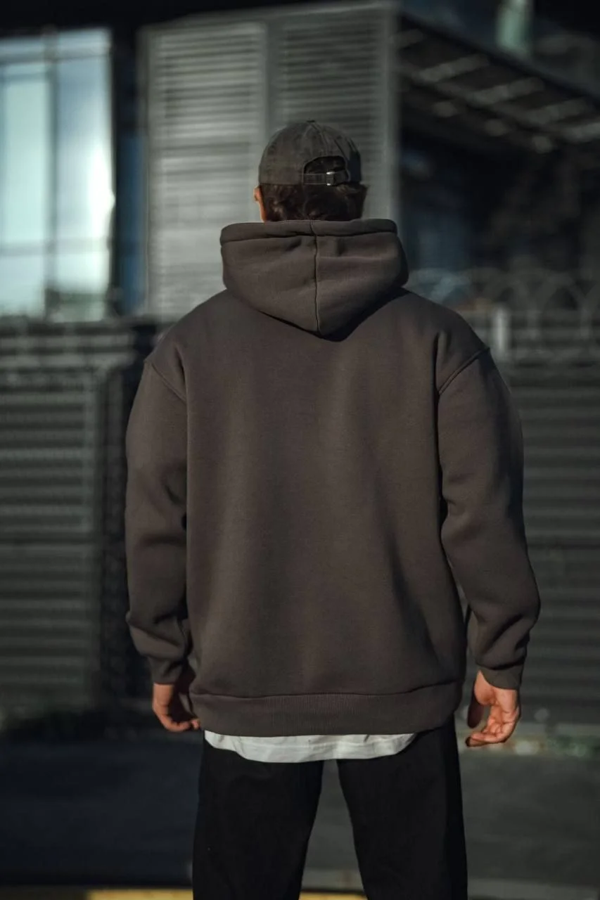 Üç İplik Penye Kapşonlu Basic SweatShirt - Füme - Görsel 2