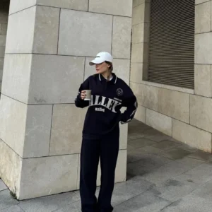 Alternative view of Üç İplik Yakalı Sweat Baggy Pantalonlu Takım - Siyah