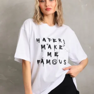 Unisex Baskılı Oversize T-Shirt - Beyaz