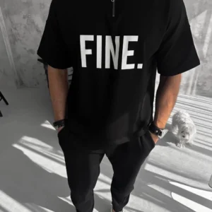 Alternative view of Unisex Baskılı Yarım Fermuarlı T-Shirt - Siyah