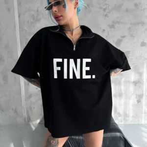 Alternative view of Unisex Baskılı Yarım Fermuarlı T-Shirt - Siyah