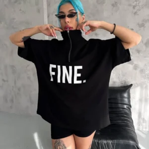 Unisex Baskılı Yarım Fermuarlı T-Shirt - Siyah