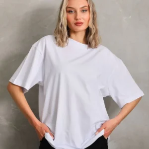 Alternative view of Unisex Bisiklet Yaka 20/1 Düz Oversize T-Shirt - Beyaz
