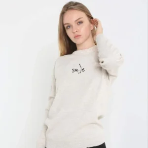 Unisex Bisiklet Yaka Baskılı Dokuma Triko - Bej