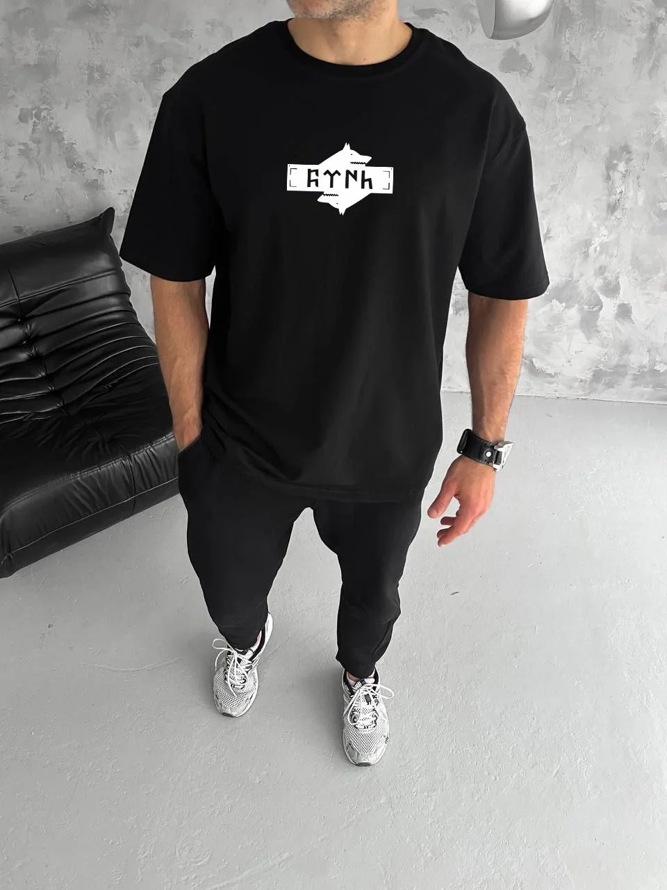 Unisex Bisiklet Yaka Baskılı Double Oversize T-Shirt - Siyah - Görsel 2