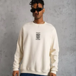 Alternative view of Unisex Bisiklet Yaka Baskılı Oversize Sweatshirt - Beyaz