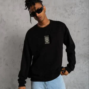 Alternative view of Unisex Bisiklet Yaka Baskılı Oversize Sweatshirt - Siyah