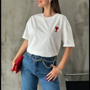 Unisex Bisiklet Yaka Baskılı Oversize T-Shirt - Beyaz