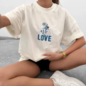 Unisex Bisiklet Yaka Baskılı Oversize T-Shirt - Beyaz