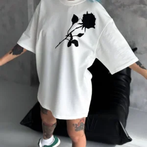 Unisex Bisiklet Yaka Baskılı Oversize T-Shirt - Beyaz