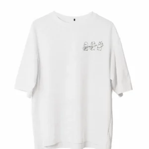 Unisex Bisiklet Yaka Baskılı Oversize T-Shirt - Beyaz