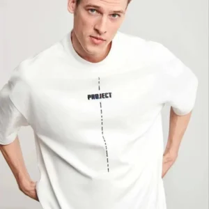 Unisex Bisiklet Yaka Baskılı Oversize T-Shirt - Beyaz