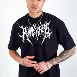 Unisex Bisiklet Yaka Baskılı Oversize T-Shirt - Siyah