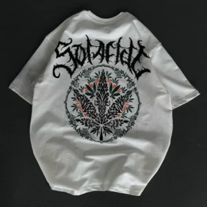 Alternative view of Unisex Bisiklet Yaka Baskılı Oversize T-Shirt - Beyaz