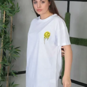 Alternative view of Unisex Bisiklet Yaka Baskılı Oversize T-Shirt - Beyaz