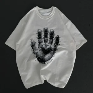 Unisex Bisiklet Yaka Baskılı Oversize T-Shirt - Beyaz