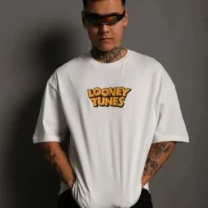 Unisex Bisiklet Yaka Baskılı Oversize T-Shirt - Beyaz