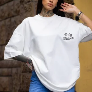 Unisex Bisiklet Yaka Baskılı Oversize T-Shirt - Beyaz