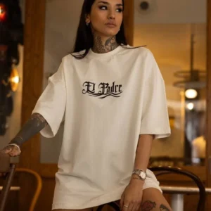 Unisex Bisiklet Yaka Baskılı Oversize T-Shirt - Beyaz