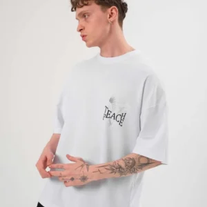 Alternative view of Unisex Bisiklet Yaka Baskılı Oversize T-Shirt - Beyaz