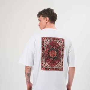 Alternative view of Unisex Bisiklet Yaka Baskılı Oversize T-Shirt - Beyaz