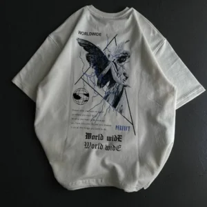 Alternative view of Unisex Bisiklet Yaka Baskılı Oversize T-Shirt - Beyaz