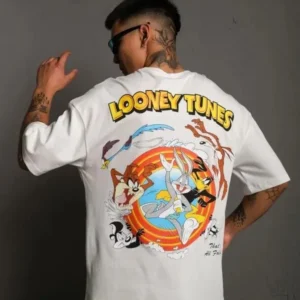 Alternative view of Unisex Bisiklet Yaka Baskılı Oversize T-Shirt - Beyaz