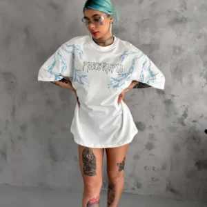 Alternative view of Unisex Bisiklet Yaka Baskılı Oversize T-Shirt - Beyaz