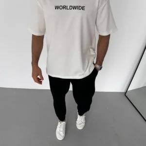 Unisex Bisiklet Yaka Baskılı Oversize T-Shirt - Beyaz