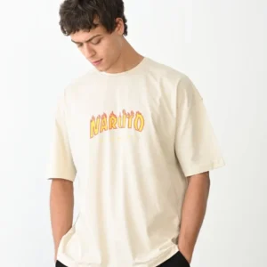 Alternative view of Unisex Bisiklet Yaka Baskılı Oversize T-Shirt - Beyaz