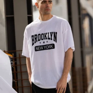 Alternative view of Unisex Bisiklet Yaka Baskılı Oversize T-Shirt - Beyaz