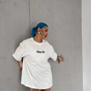 Alternative view of Unisex Bisiklet Yaka Baskılı Oversize T-Shirt - Beyaz