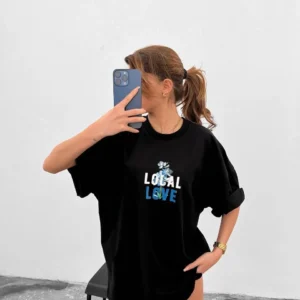 Unisex Bisiklet Yaka Baskılı Oversize T-Shirt - Siyah