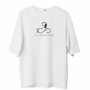 Unisex Bisiklet Yaka Baskılı Oversize T-Shirt - Beyaz