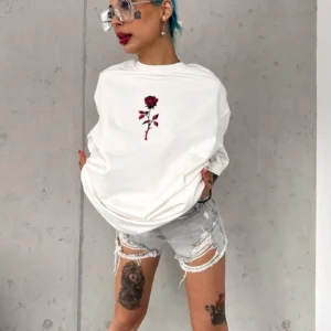 Unisex Bisiklet Yaka Baskılı Oversize T-Shirt - Beyaz