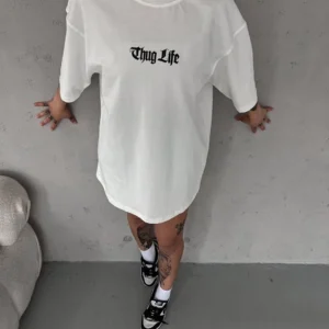 Unisex Bisiklet Yaka Baskılı Oversize T-Shirt - Beyaz