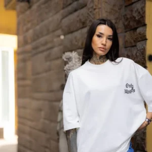 Alternative view of Unisex Bisiklet Yaka Baskılı Oversize T-Shirt - Beyaz