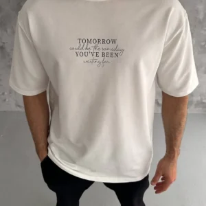 Unisex Bisiklet Yaka Baskılı Oversize T-Shirt - Beyaz