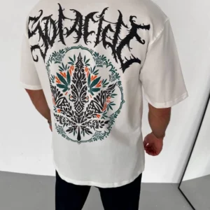 Alternative view of Unisex Bisiklet Yaka Baskılı Oversize T-Shirt - Beyaz