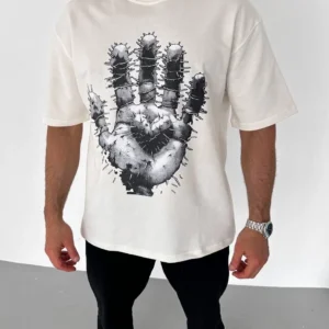 Alternative view of Unisex Bisiklet Yaka Baskılı Oversize T-Shirt - Beyaz